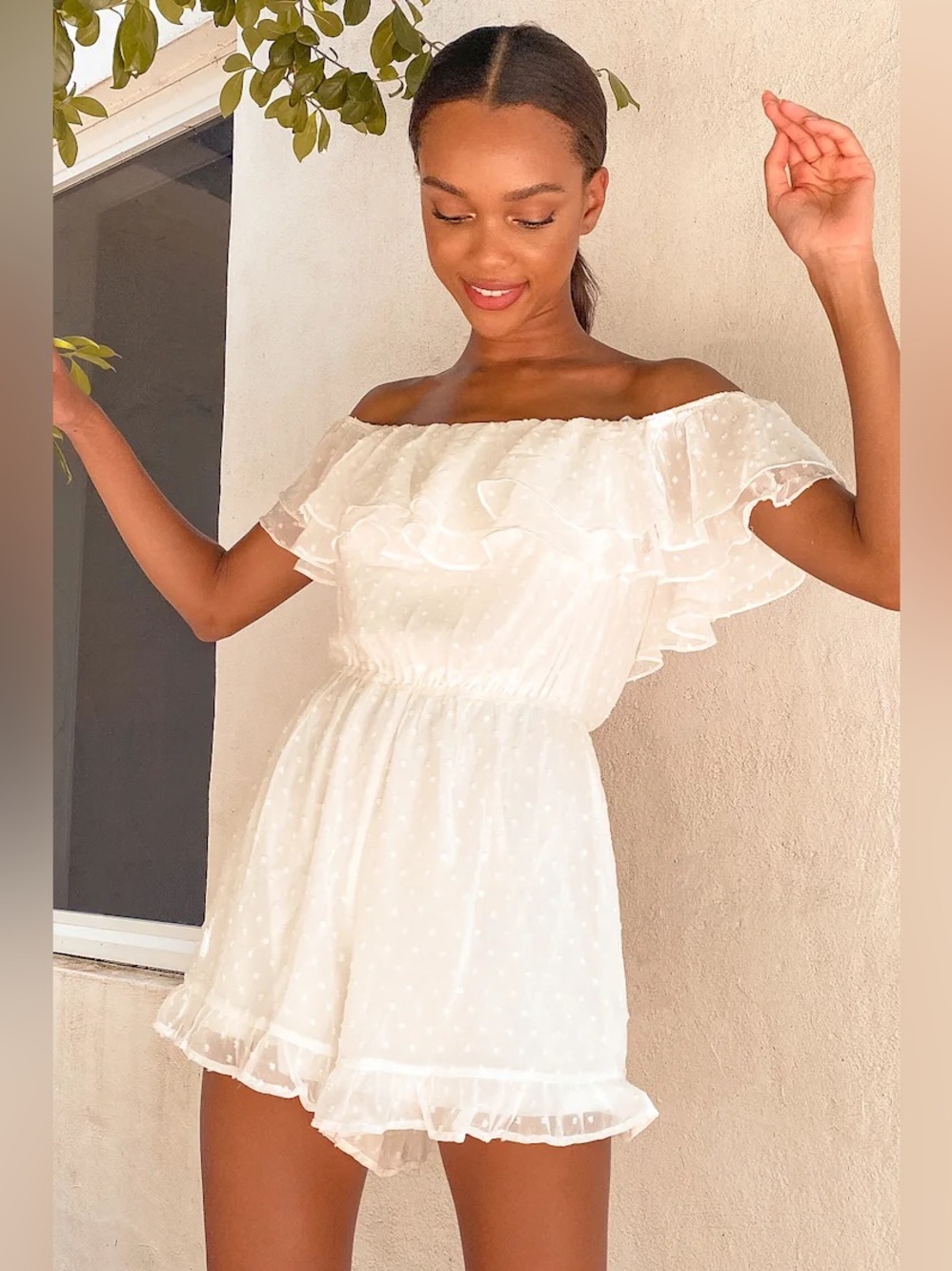 Lulus Frilled to Bits White Swiss Dot Off-the-Shoulder Romper XS NWT